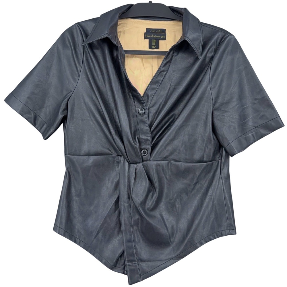 House of Harlow 1960 Twisted Front Women M Vegan‎ Leather Black Top